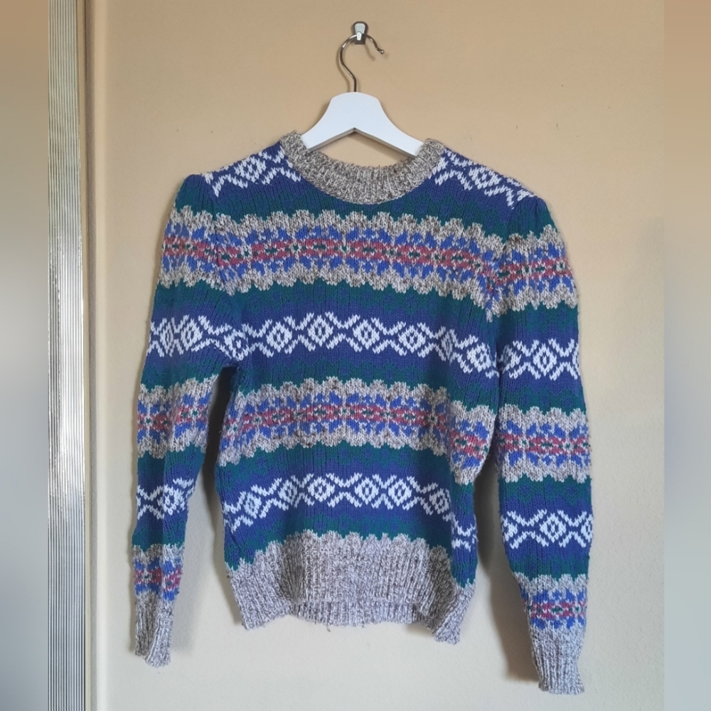 Vintage JF Adams Eclectic Multicolor Patterned Sweater Chunky Knit Fair Isle